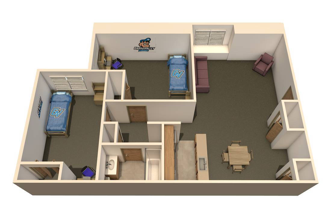 2-Bedroom/2-Person Apartment 3D layout with two bedrooms, a bathroom, living area, and kitchen.